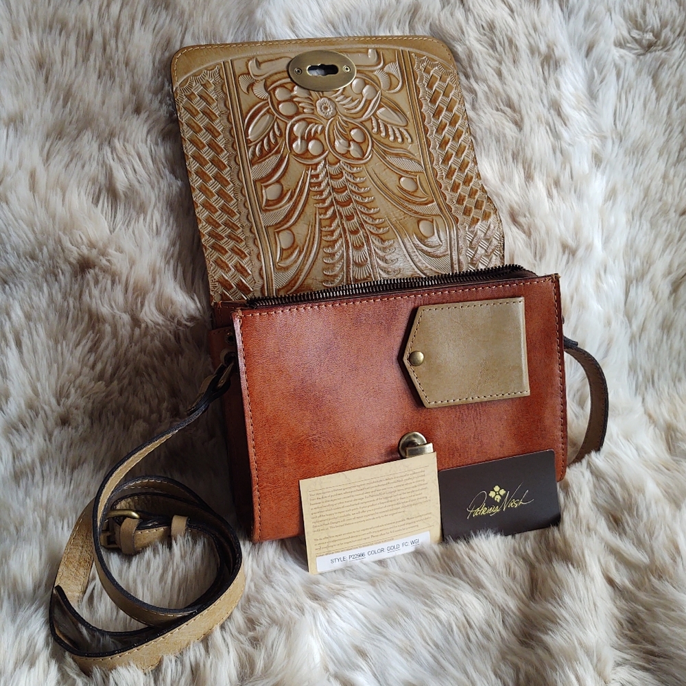 Reversible Patricia Nash Tooled Leather Brown and Tan Crossbody Bag